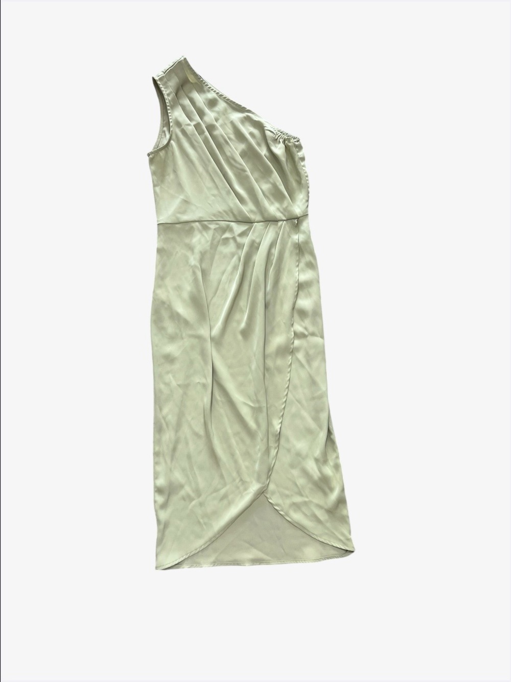 One-Shoulder Sage Green Satin Midi Dress